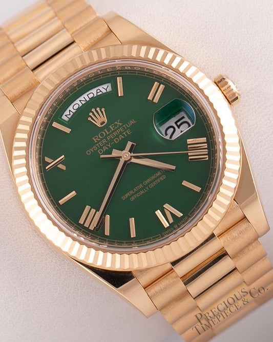 Rolex Day-Date 228238- 18k Gold Fluted Bezel 40mm-Custom Green Roman Dial