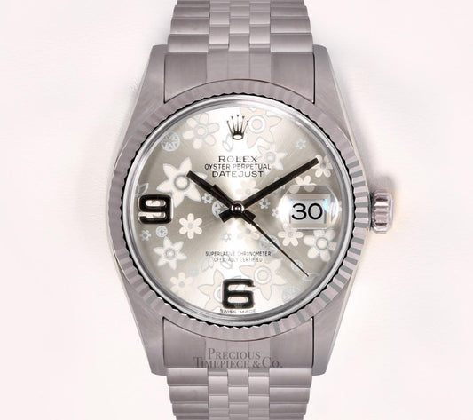 Rolex Mens 36mm Datejust SS 18k Fluted Bezel Silver Floral Motif Dial