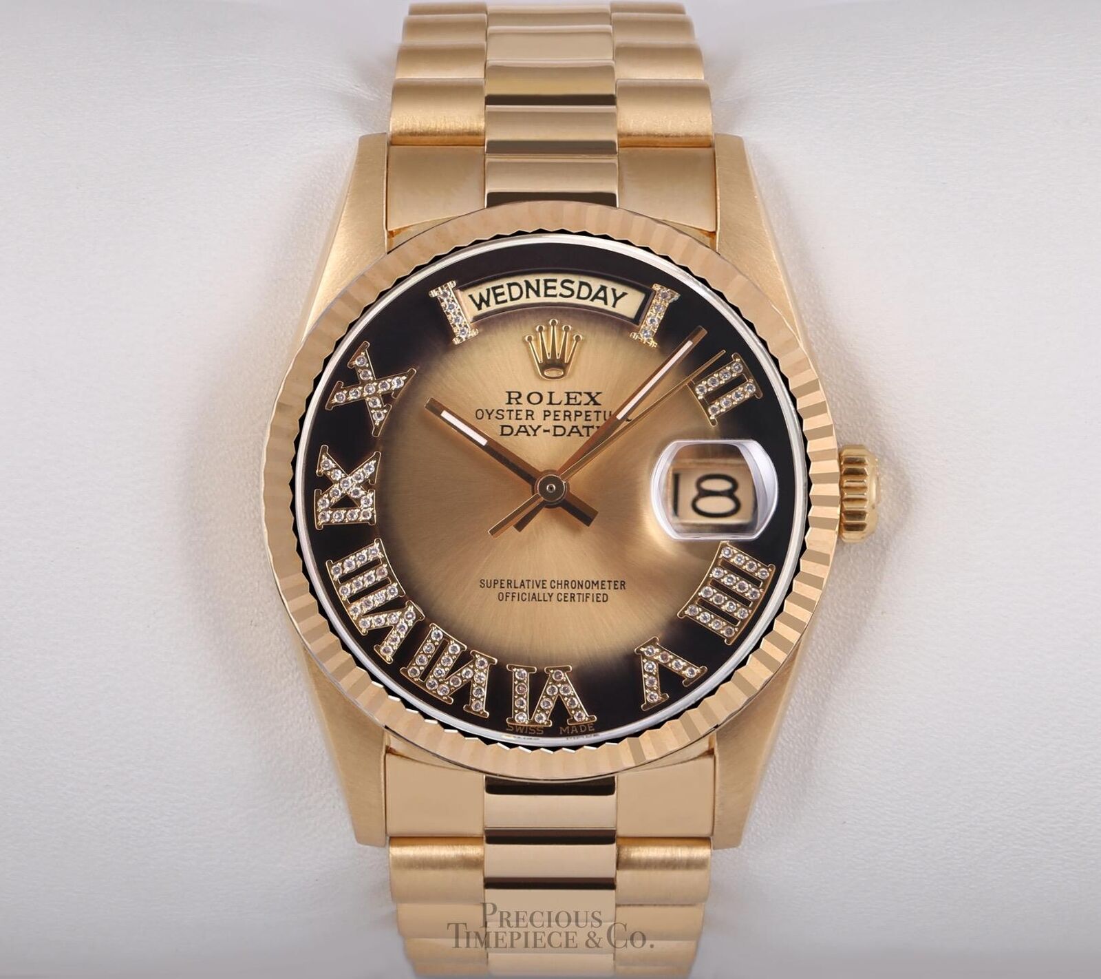 Rolex 36mm Day-Date 18038- 18k Gold Fluted Bezel-Champagne Vignette Roman Dial