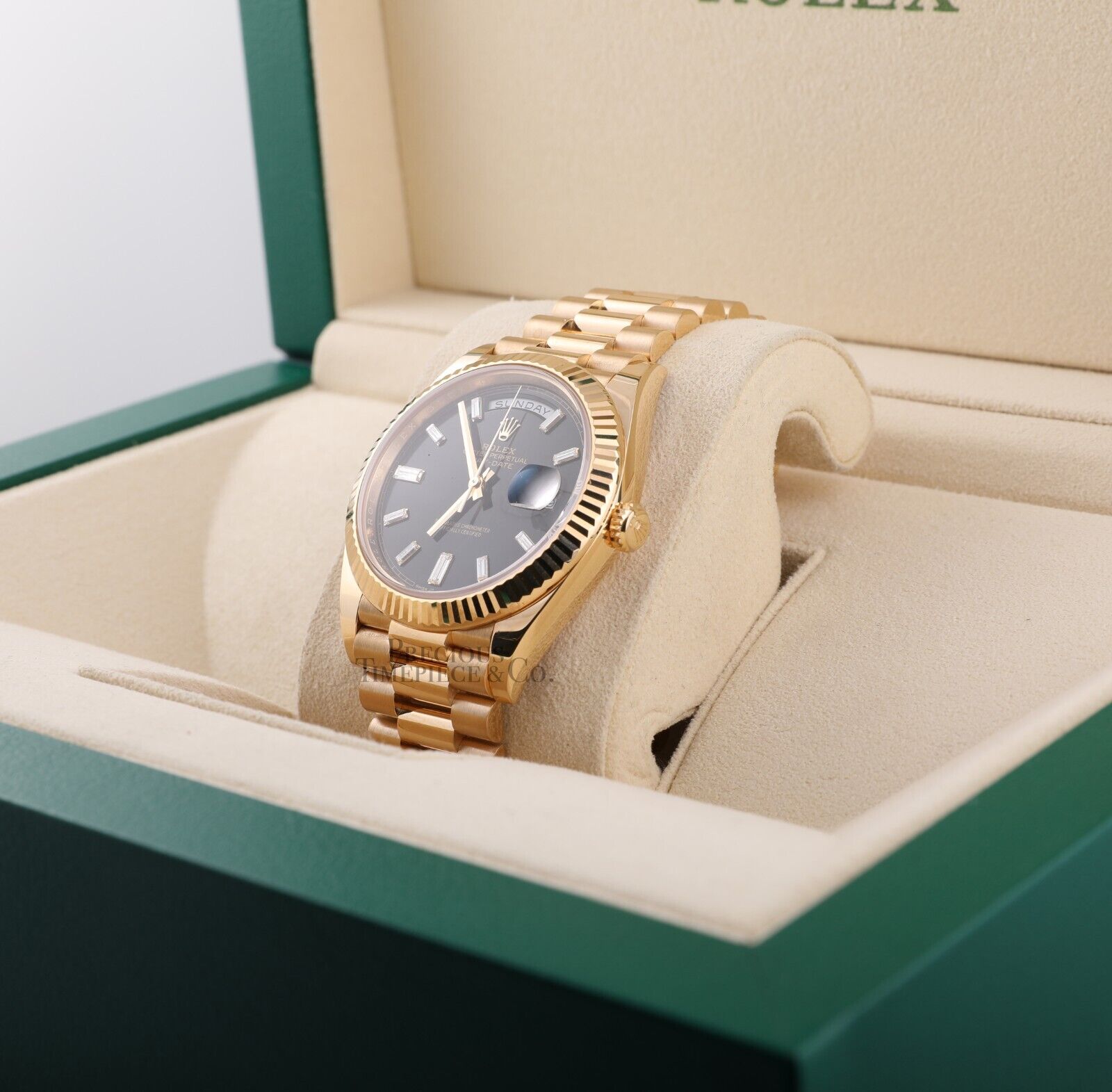 Rolex Day-Date 228238 Black Baguette Diamond Dial 18k Fluted Bezel 40mm-Full Set
