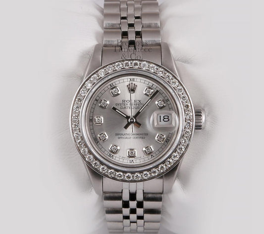 Rolex Lady Datejust Stainless Steel 26mm Watch-Silver Diamond Dial-Diamond Bezel