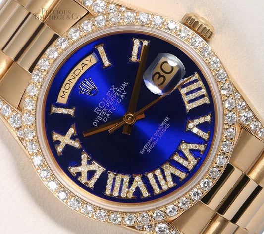 Rolex Men Day-Date 18038 36mm 18k-Blue Roman Dial-Diamond Lugs-Diamond Bezel