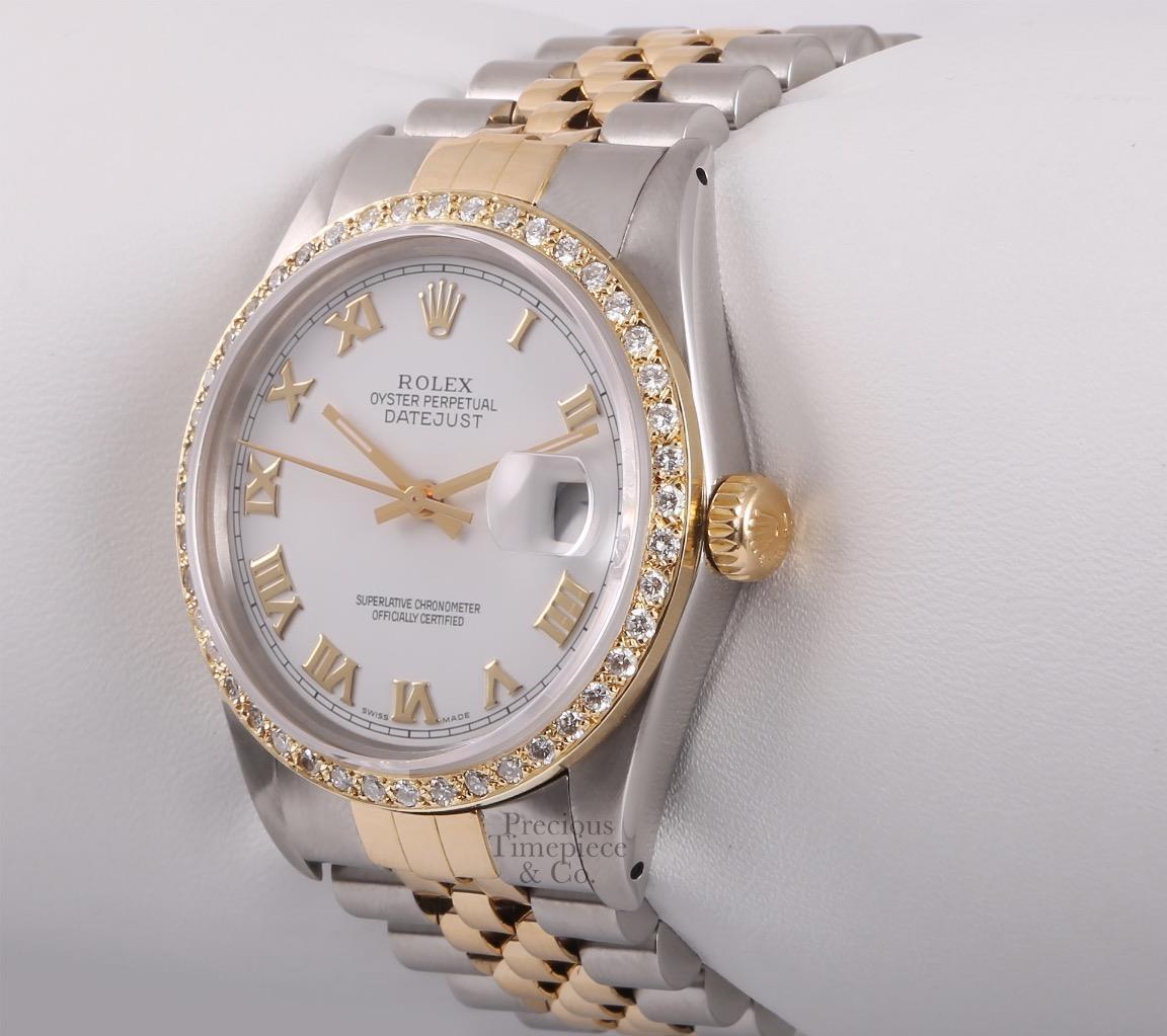 Rolex Datejust Two Tone Gold/SS 18k Diamond Bezel-White Roman Dial 36mm Watch