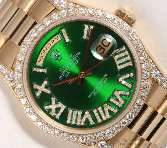 Rolex President Day-Date 18238-Diamond Bezel-Green Diamond Roman-Diamond Lugs