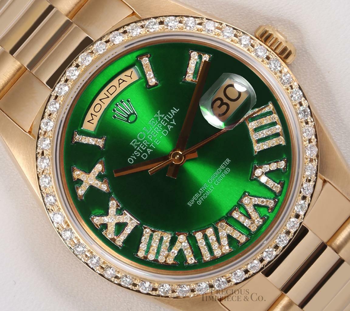 Rolex President 18038 Day Date 18k-Green Roman Diamond Dial-Diamond Bezel 36mm