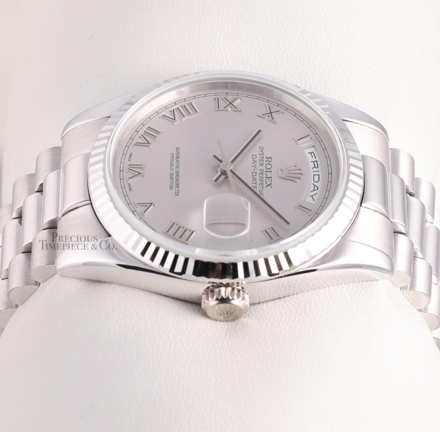 Rolex Day-Date 36mm Presidential 118239 18k White Gold-Silver Roman-Box & Paper