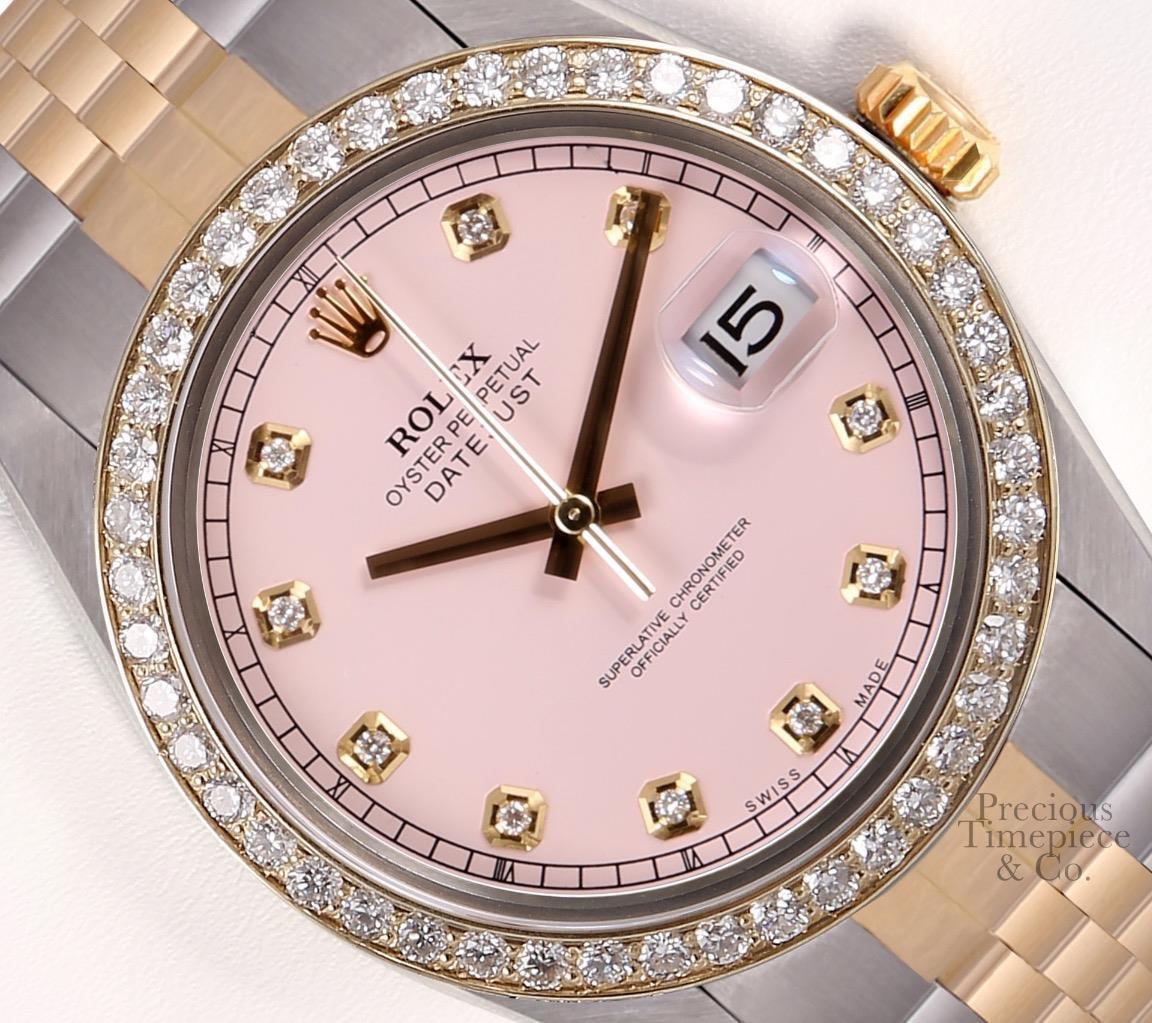 Rolex Datejust Two Tone 36mm Stainless Steel 18k Diamond Bezel Pink Diamond Dial