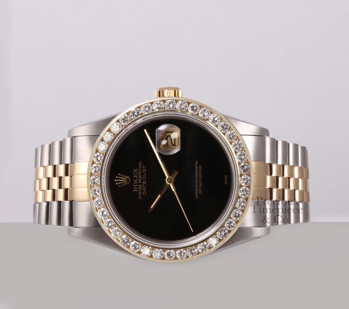 Rolex Datejust 36mm Two Tone Steel 3CT 18k Diamond Bezel Watch-Onyx Dial