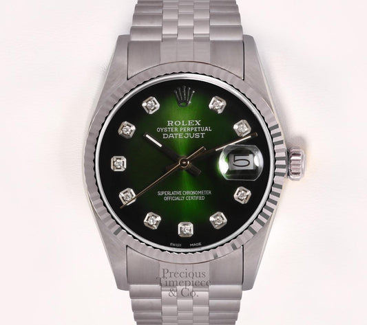 Rolex Men Datejust SS 36mm 18k Fluted Bezel-Green Vignette Diamond Dial