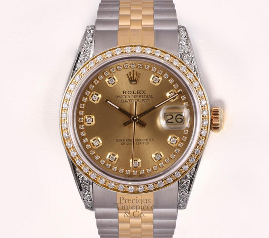 Rolex Datejust 36mm TT 18k Gold/Steel Diamond Lugs & Bezel-Champagne String Dial