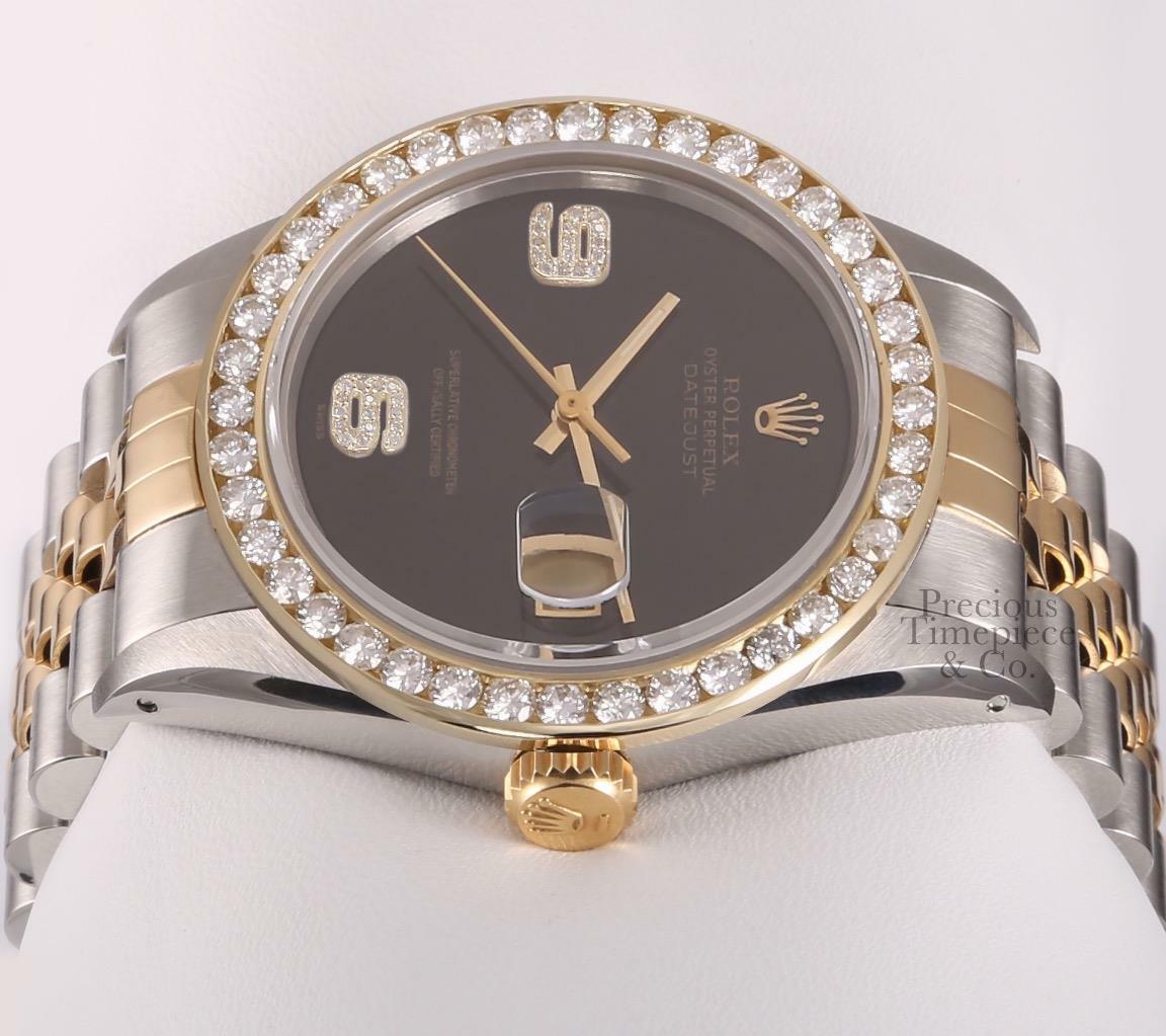 Rolex Datejust 36mm Two Tone 18k Steel-3CT Diamond Bezel-Onyx Diamond 6&9 Dial