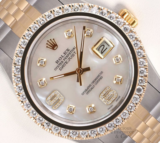 Rolex Datejust Two Tone 36mm 18k 2.5ct Diamond Bezel-White MOP Diamond 6&9 Dial