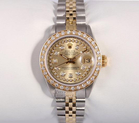 Rolex Lady 26mm Datejust 2 Tone 18k Diamond Bezel-Champagne String Diamond Dial