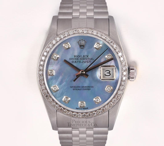 Rolex Datejust Stainless Steel 36mm Watch-Diamond Bezel-Blue MOP Diamond Dial