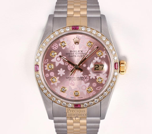 Rolex Datejust 36mm Steel 18k Ruby Diamond Bezel-Diamond Pink Floral Motif Dial