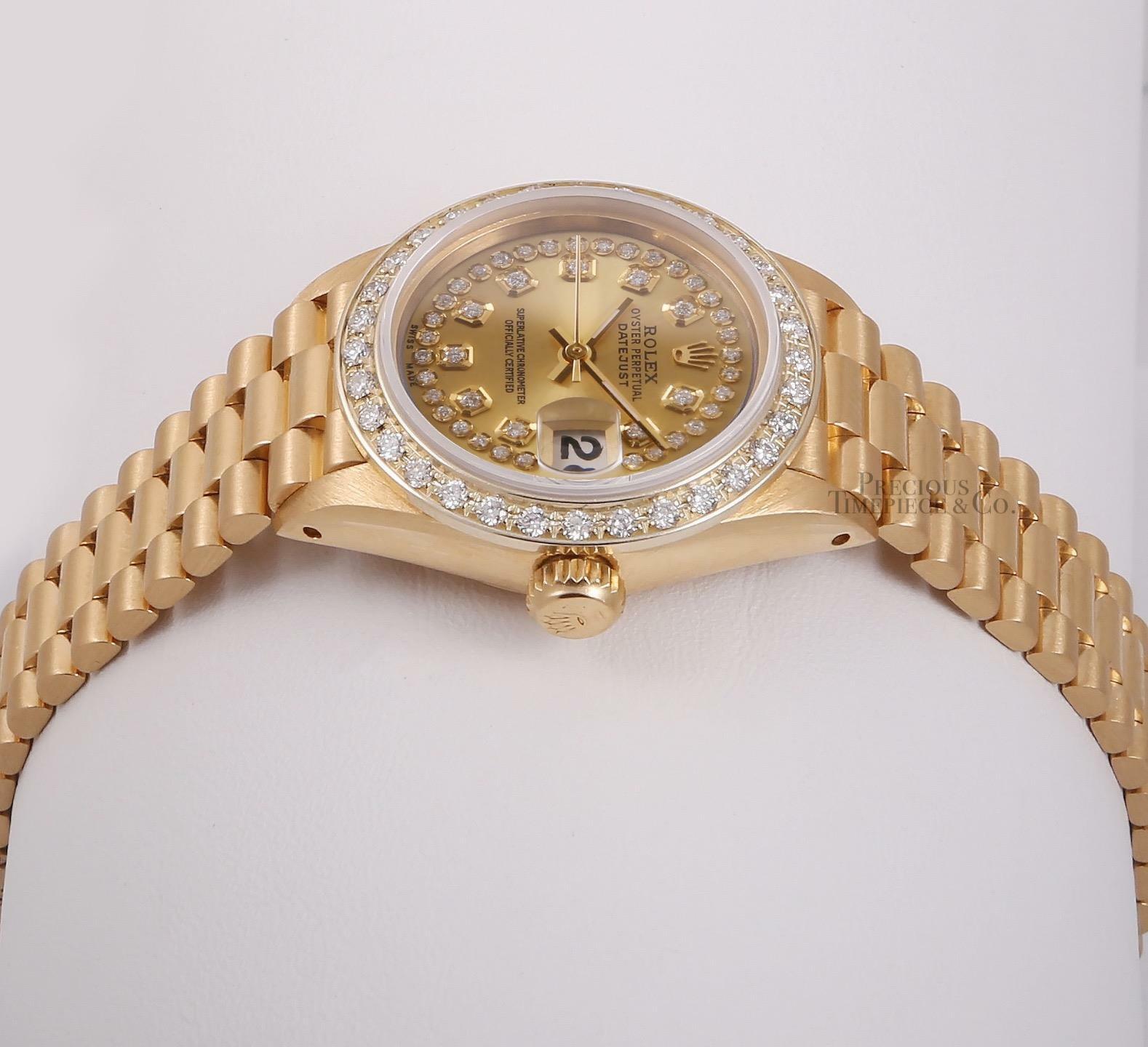 Rolex Lady President 18k Gold 26mm-Champagne String Diamond Dial-Diamond Bezel