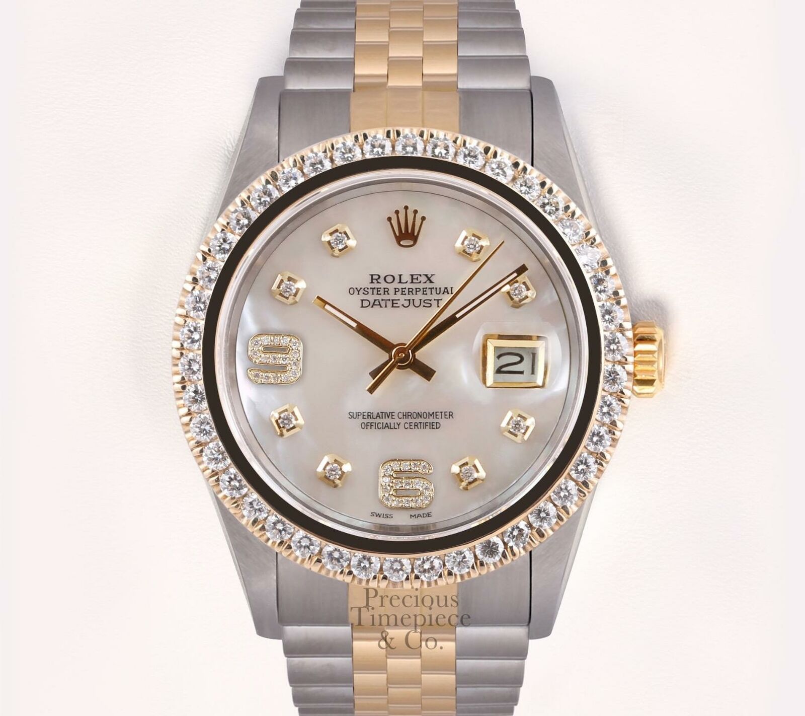 Rolex Datejust Two Tone 36mm 18k 2.5ct Diamond Bezel-White MOP Diamond 6&9 Dial