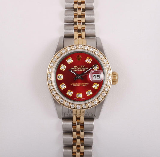 Rolex Lady Datejust 26mm Two Tone Gold & Steel-Red Diamond Dial-Diamond Bezel