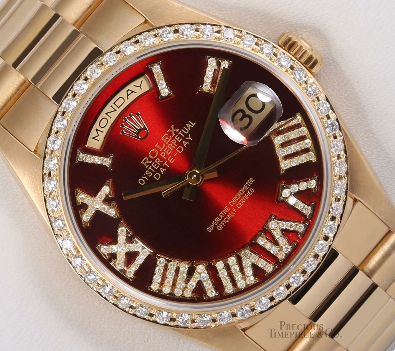 Rolex Men Day-Date 18038 President 36mm 18k Gold-Red Roman Dial-Diamond Bezel