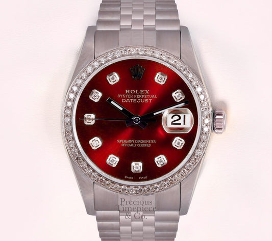 Rolex Datejust Stainless Steel 36mm Watch-Red Diamond Dial-18k Diamond Bezel-Box