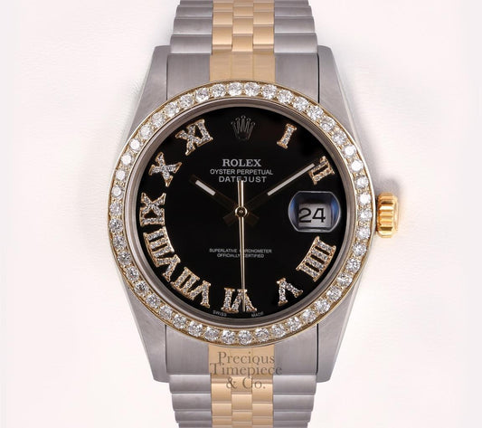 Rolex Datejust 36mm Two Tone 18k & Steel Black Diamond Roman Dial-Diamond Bezel