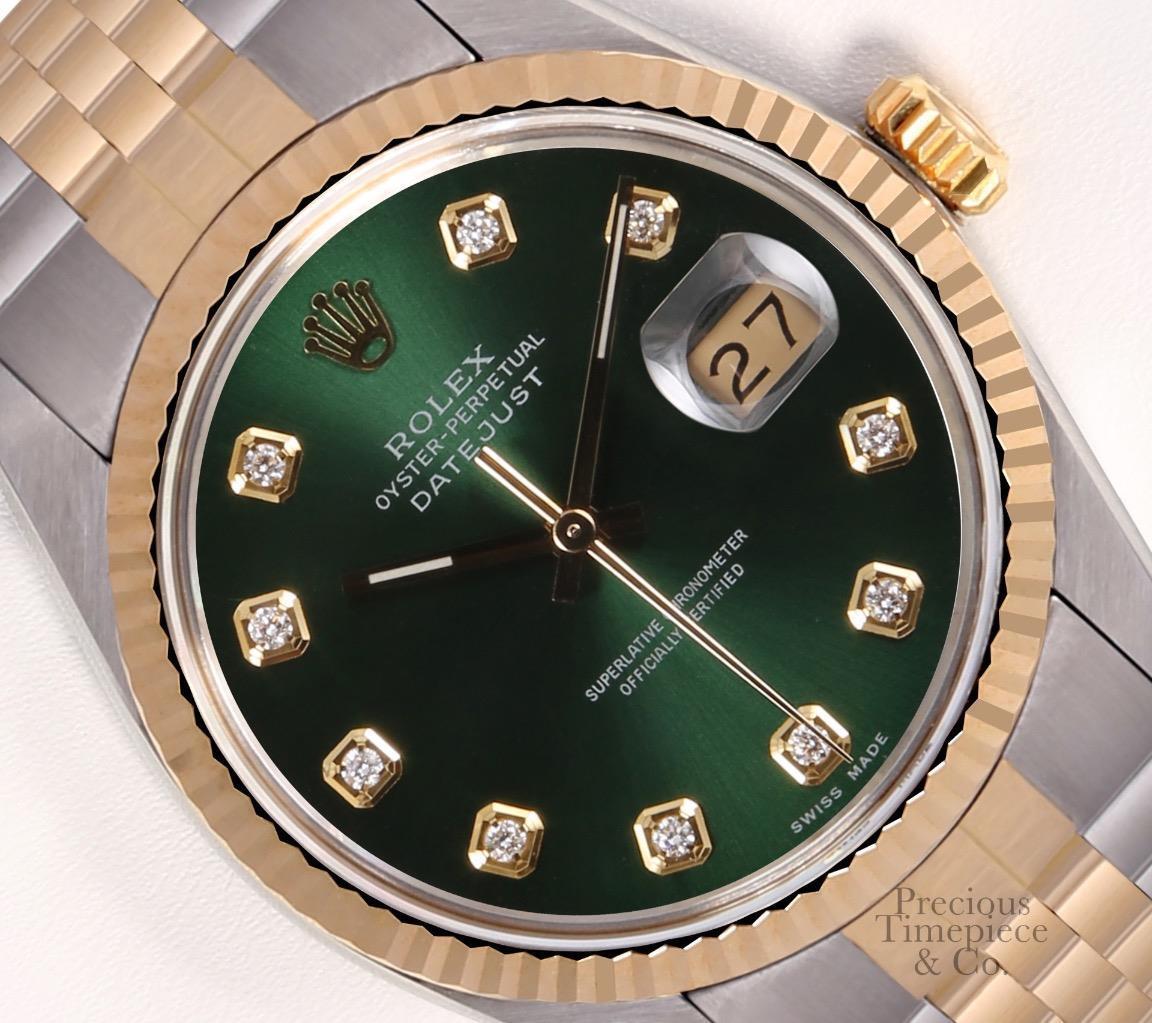 Rolex Men Datejust Two Tone 36mm Steel-18k Fluted Bezel-Green Diamond Dial