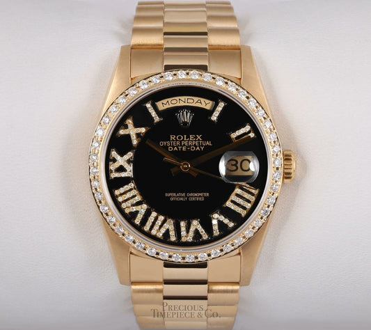 Rolex Day-Date 18038 President 18k Gold-Black Roman Diamond Dial-Diamond Bezel