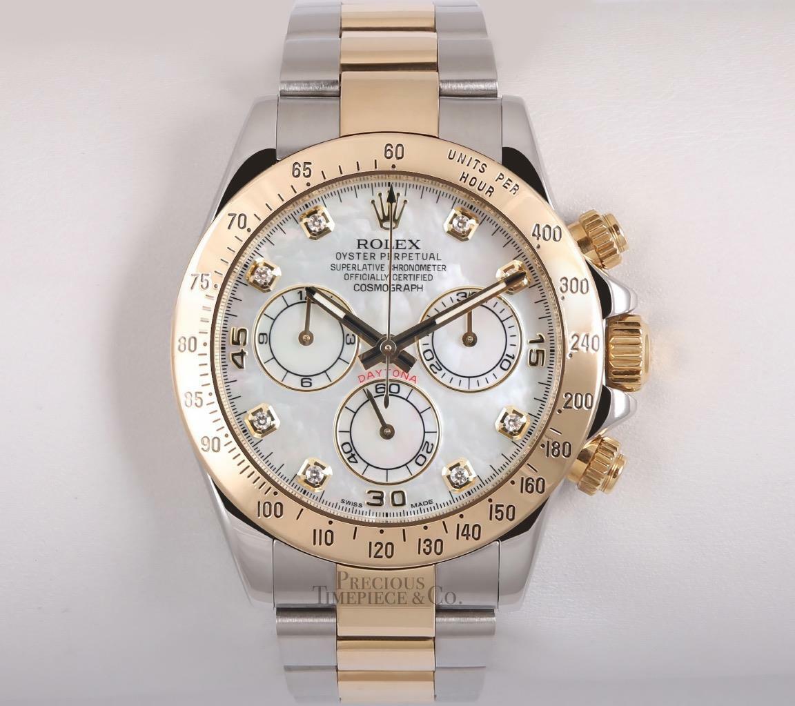 Rolex Men Daytona 116523 Two Tone 18k Steel 40mm Watch-White MOP Diamond Dial