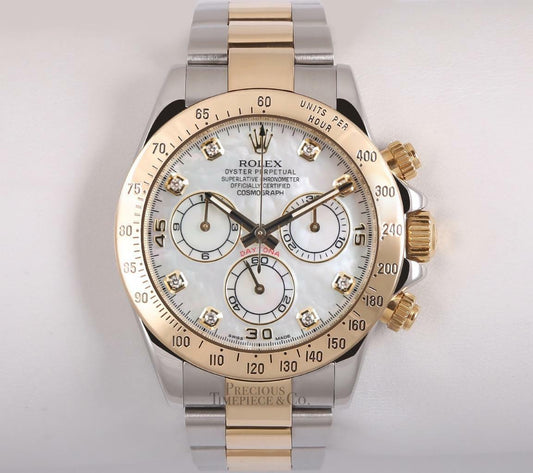 Rolex Men Daytona 116523 Two Tone 18k Steel 40mm Watch-White MOP Diamond Dial