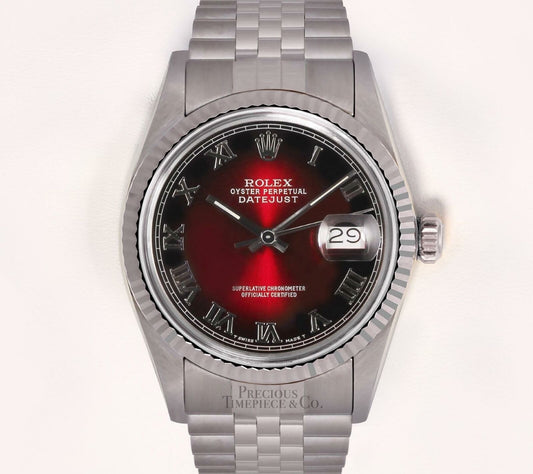 Rolex Men Datejust SS 36mm Watch Fluted Bezel Red Vignette Roman Dial