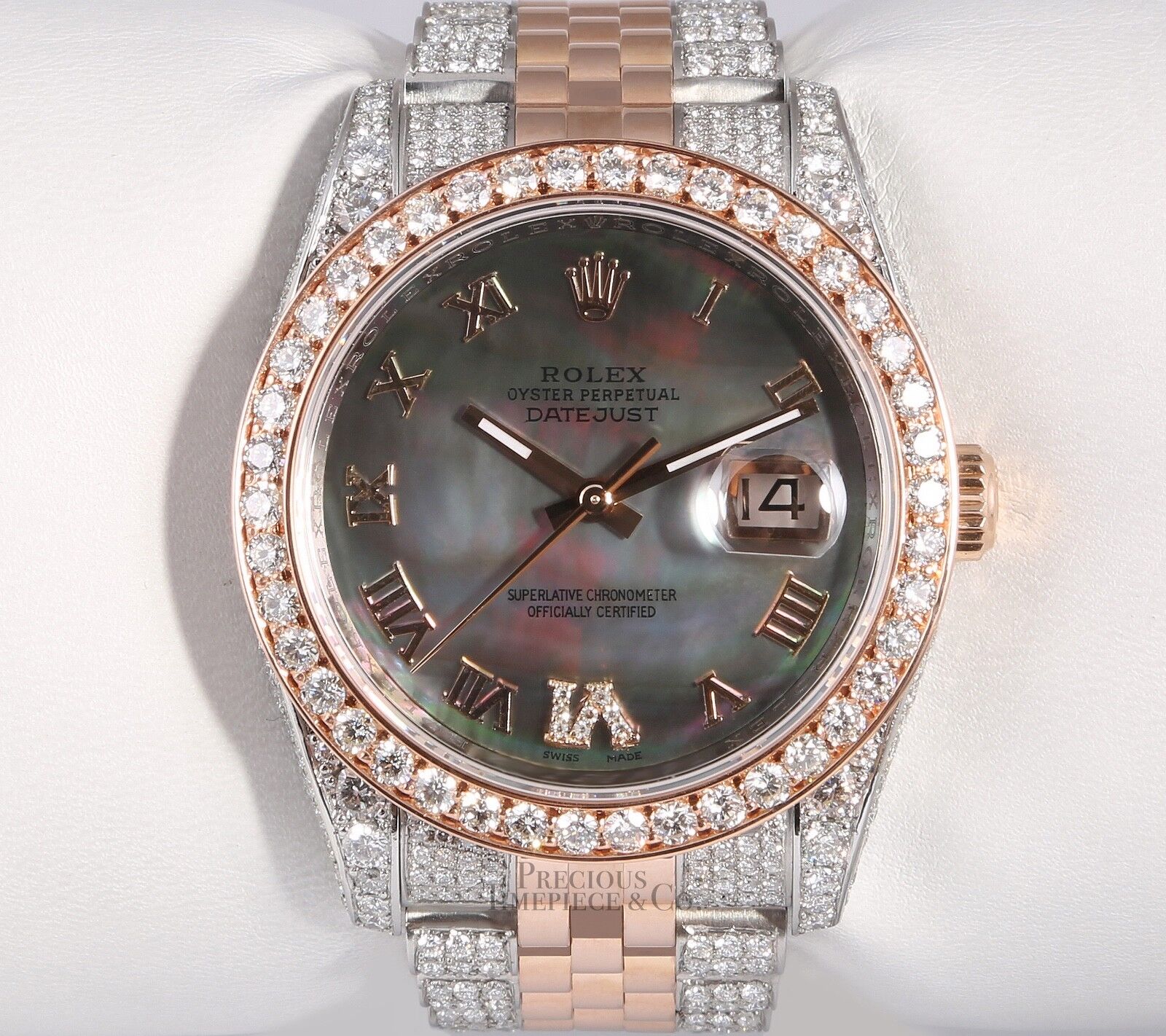 Rolex Datejust 18k Rose Gold 116231 Fully Iced 2CT Diamond Bezel Black MOP Dial