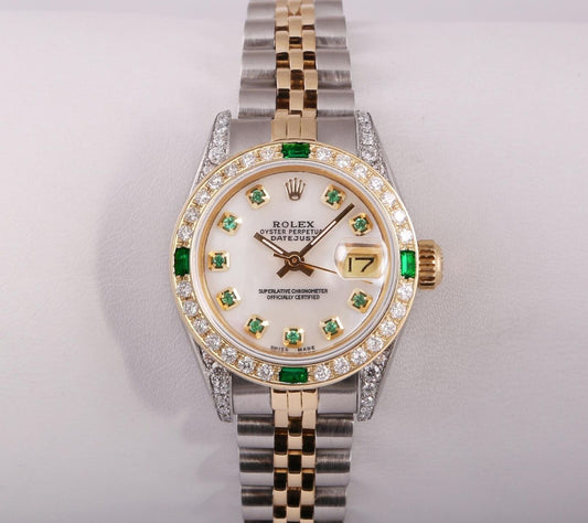 Rolex Lady Datejust Two Tone 26mm 18k Diamond Bezel & Lug-White MOP Emerald Dial