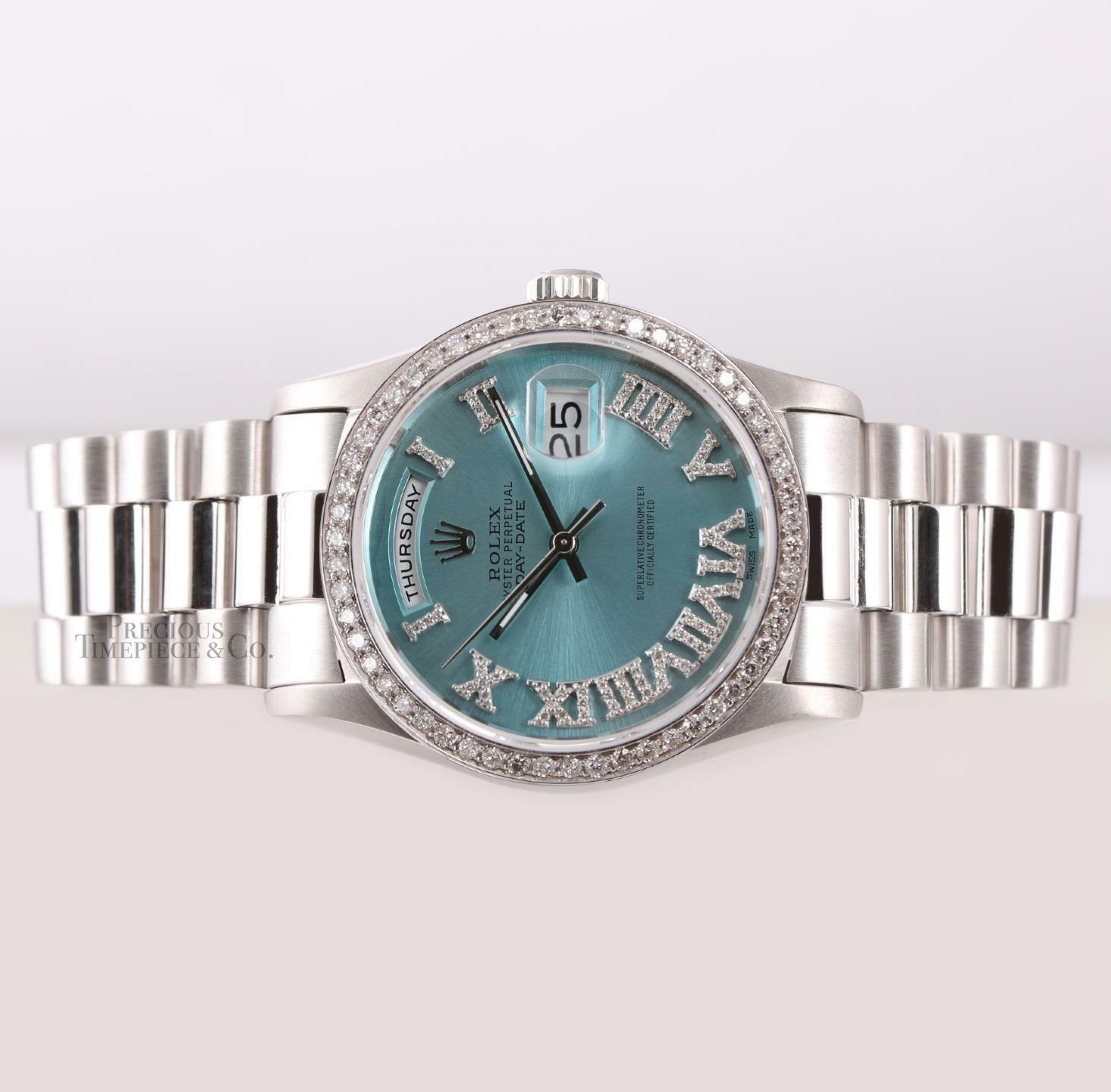 Rolex Mens Day-Date 36mm 18239 18k White Gold-Diamond Bezel-Ice Blue Roman Dial