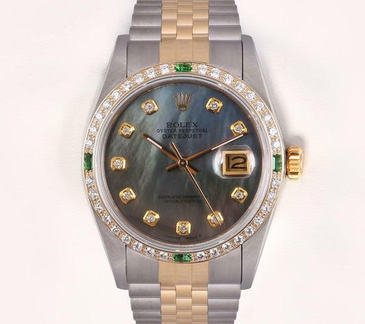 Rolex Men Datejust Two Tone 18k-Steel-Black MOP Diamond Dial-Emerald Bezel 36mm