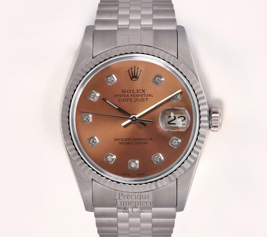 Rolex Men Datejust SS 36mm 18k Gold Fluted Bezel-Salmon Diamond Dial