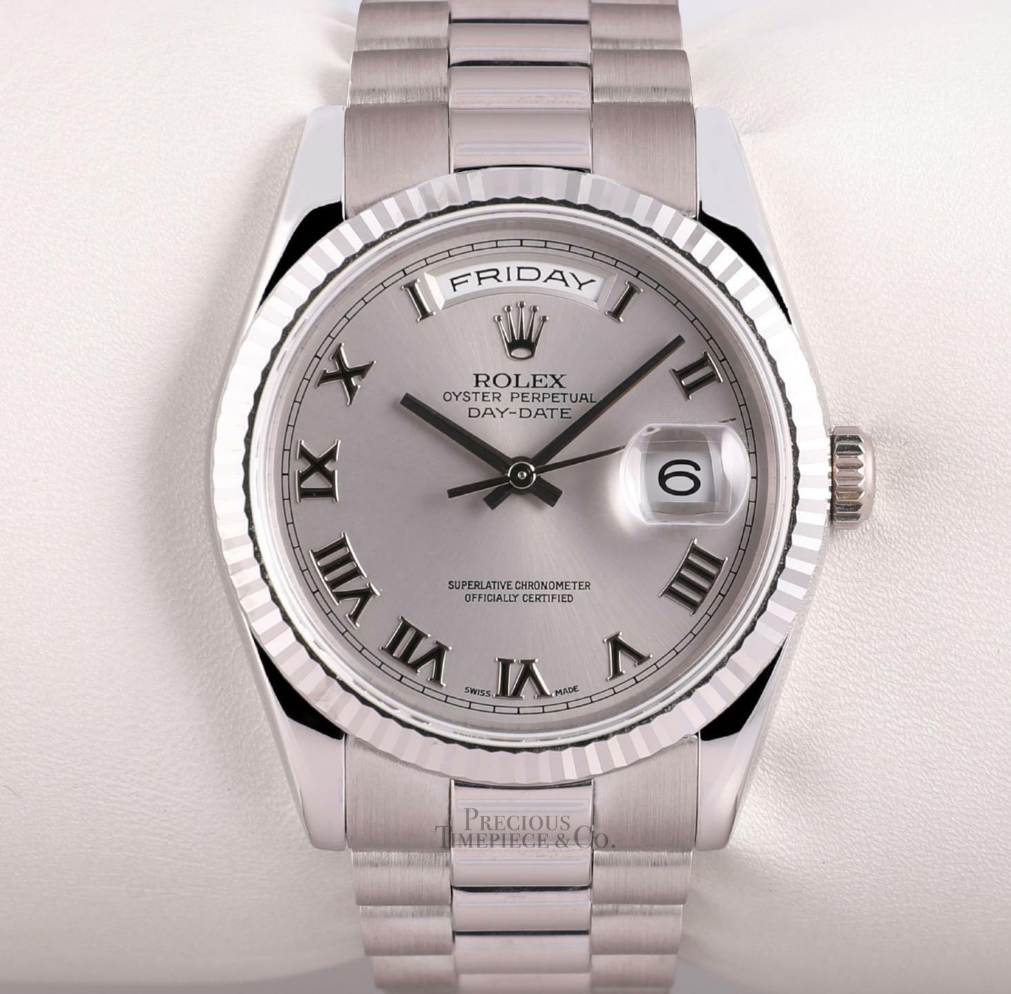 Rolex Day-Date 36mm Presidential 118239 18k White Gold-Silver Roman-Box & Paper