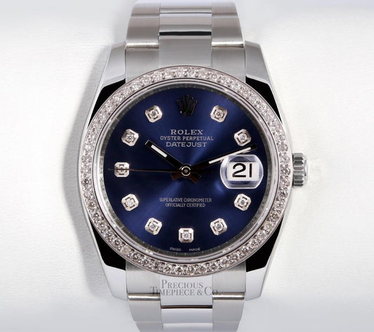 Rolex Men Datejust Stainless Steel 36mm Oyster-Diamond Bezel-Navy Diamond Dial