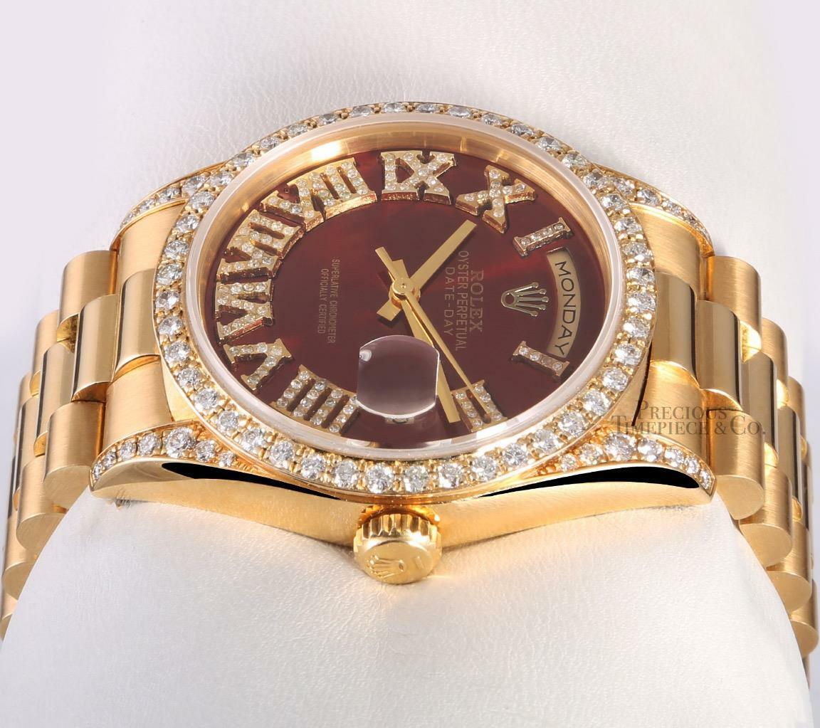 Rolex Day-Date 18238 36mm 18k Gold-Red Roman Dial-Diamond Lugs-Diamond Bezel