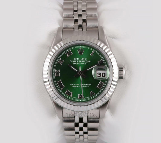 Rolex Lady Datejust 26mm Stainless Steel Watch-Green Roman Dial-18k Fluted Bezel