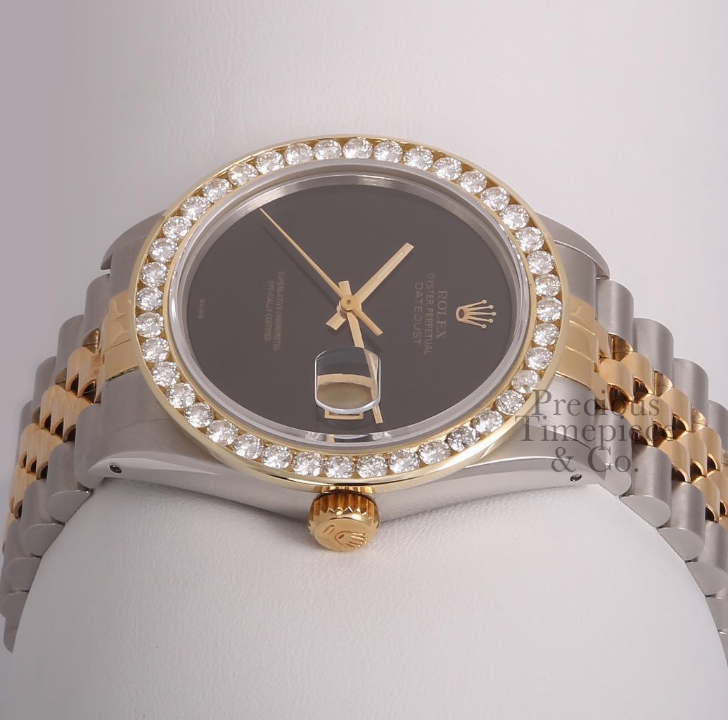 Rolex Datejust 36mm Two Tone Steel 3CT 18k Diamond Bezel Watch-Onyx Dial