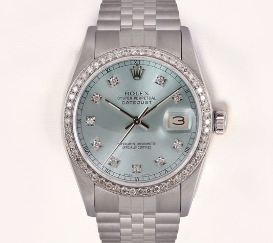 Rolex Mens Datejust SS 36mm Watch-Ice Blue Diamond Dial-Diamond Bezel