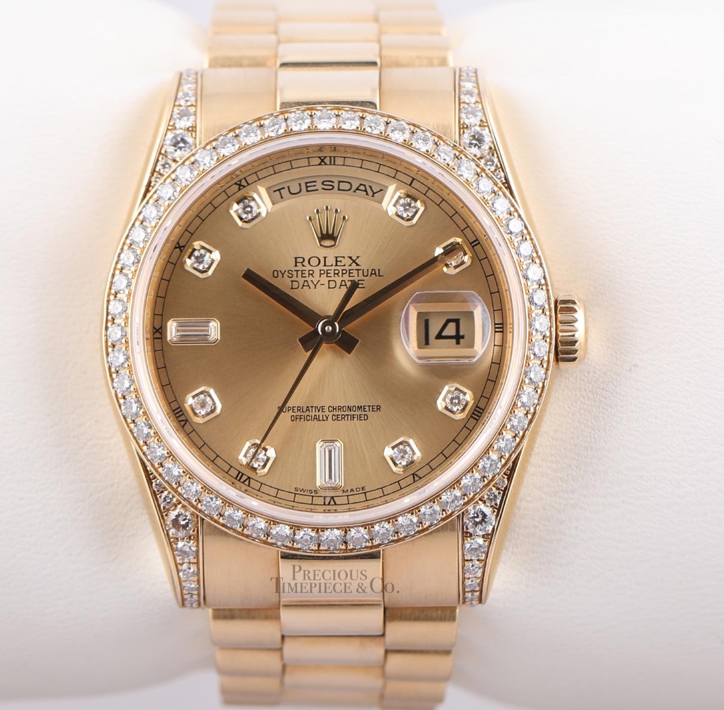 Rolex Day-Date 18k Gold 118388 Factory Diamonds Champagne Dial 36mm-Full Set