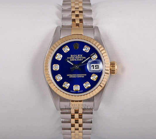 Rolex Lady Datejust 26mm Two Tone Steel 18k Gold Fluted-Custom Blue Diamond Dial