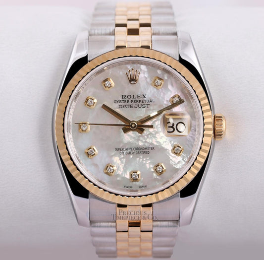 Rolex Mens Datejust 116233 Jubilee 36mm 18k Fluted Bezel White MOP Diamond Dial