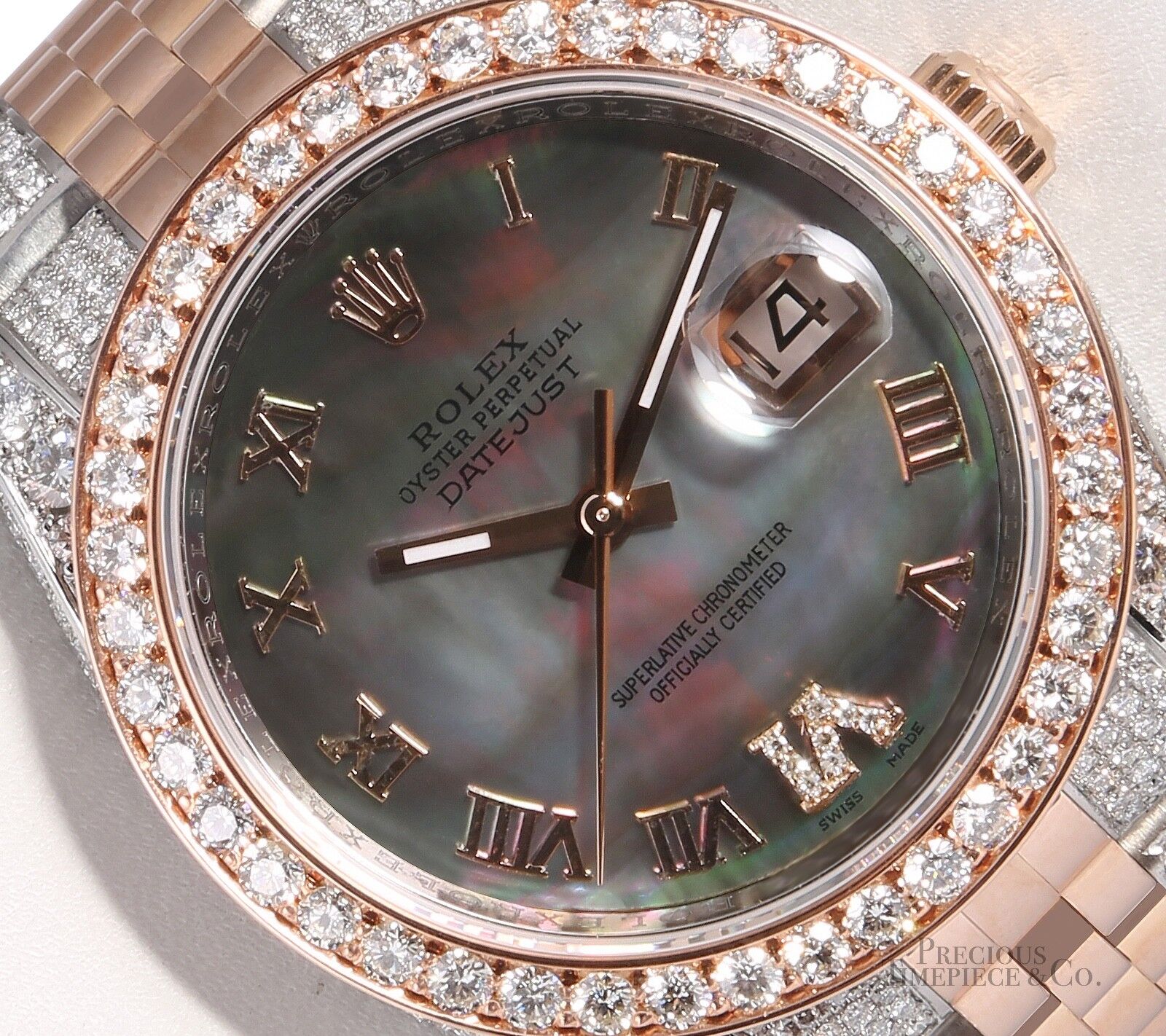 Rolex Datejust 18k Rose Gold 116231 Fully Iced 2CT Diamond Bezel Black MOP Dial