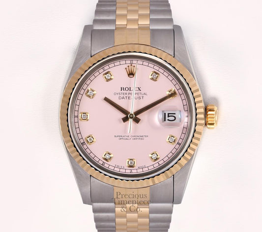 Rolex Datejust Two Tone 36mm Steel 18k Fluted Bezel Pink Diamond Dial