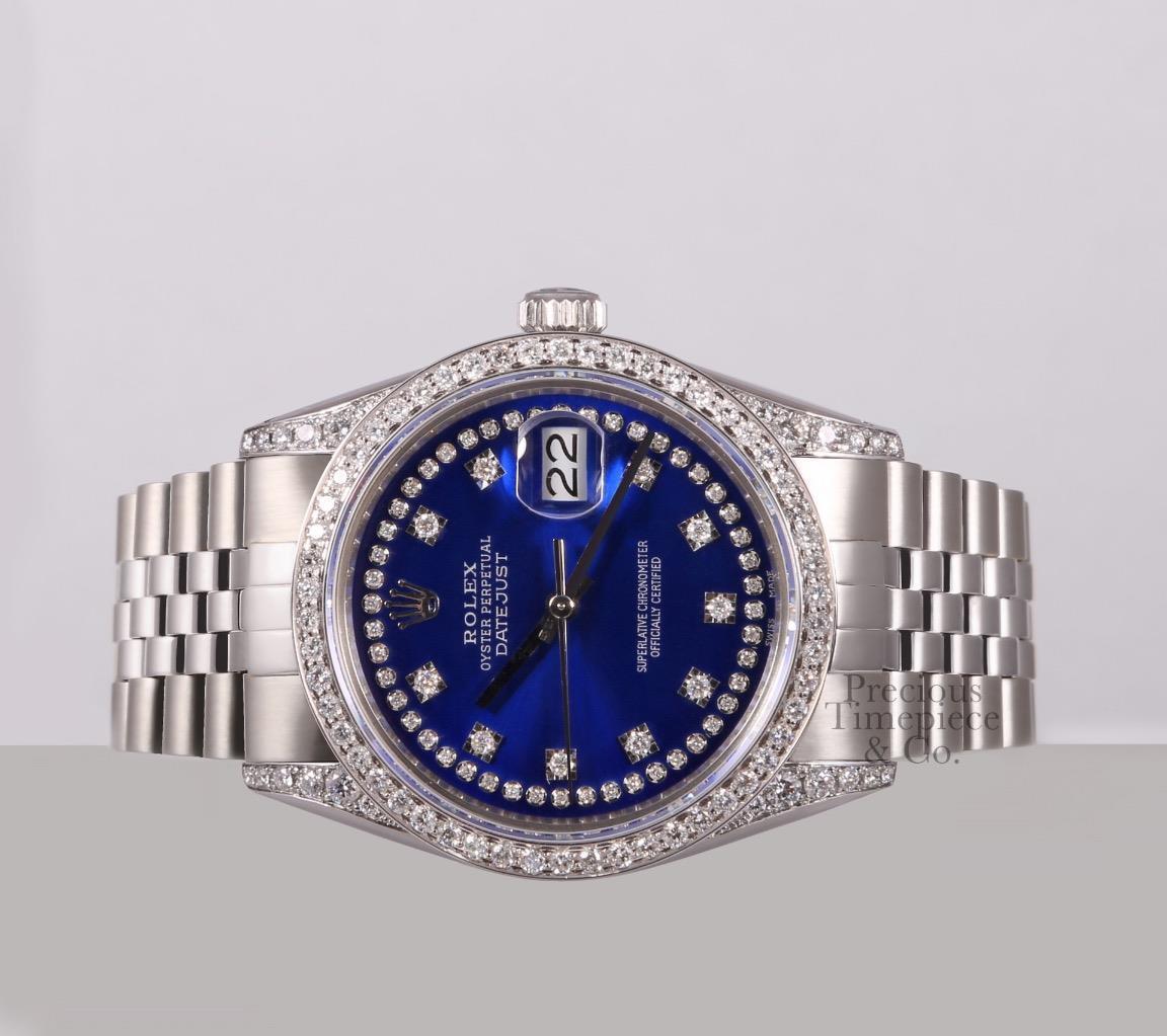 Rolex Datejust S/Steel 36mm-Blue Diamond String Dial-Diamond Lugs-Diamond Bezel