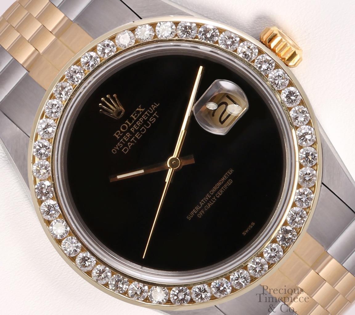 Rolex Datejust 36mm Two Tone Steel 3CT 18k Diamond Bezel Watch-Onyx Dial