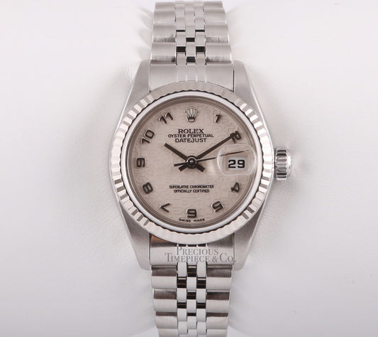 Rolex Lady Datejust 79174-NO HOLE-26mm Watch-18k Fluted Bezel-Ivory Jubilee Dial