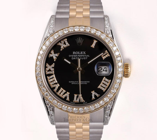 Rolex Datejust 36mm Two Tone 18k Black Diamond Roman Dial-Diamond Bezel & Lugs